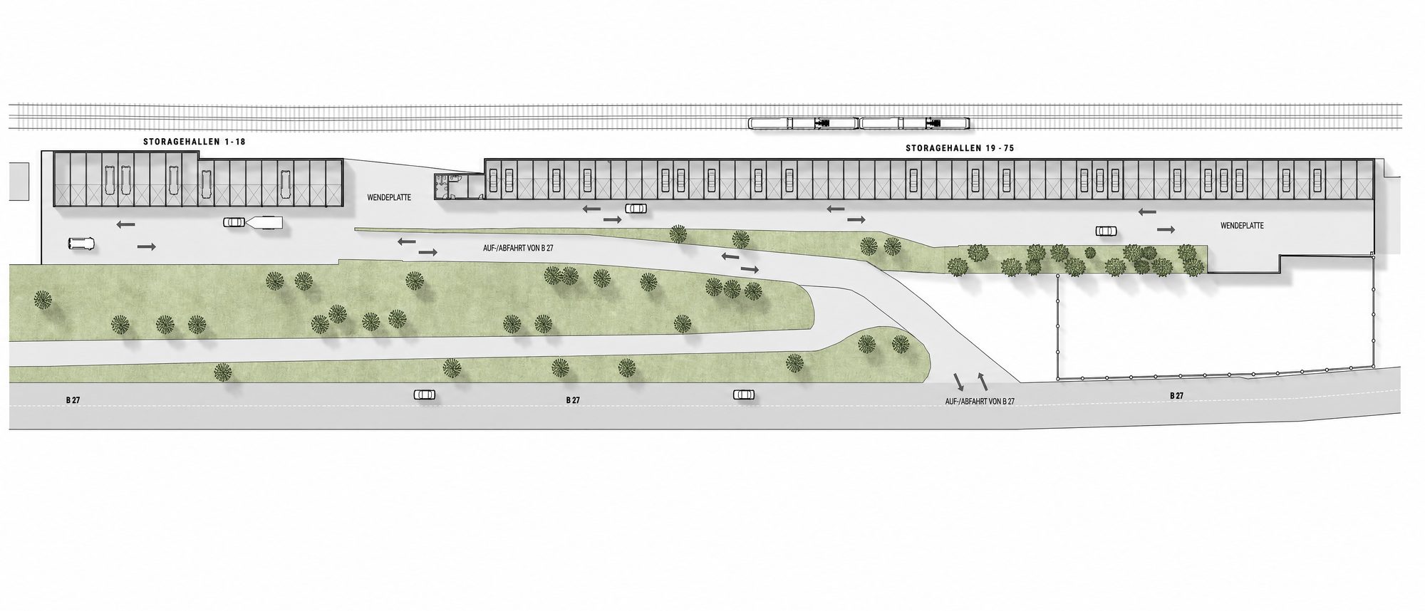 Lageplan des ReGaragenpark Neckarzimmern mit beiden Hallenzeilen, Wendeplatten und Neckartalbahn